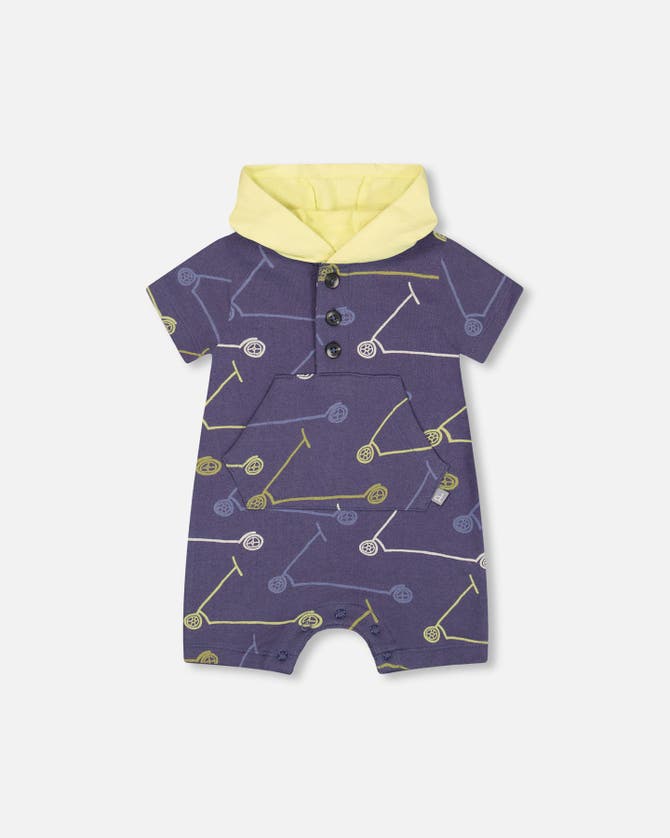 Shop Deux Par Deux Baby Boy's French Terry Hooded Romper Blue Printed Scooters