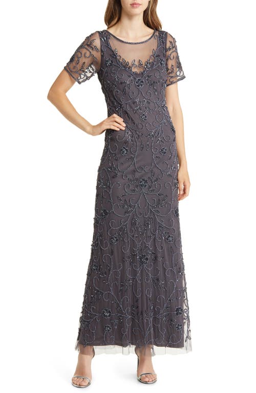 Floral Beaded Short Sleeve A-Line Gown in Slate