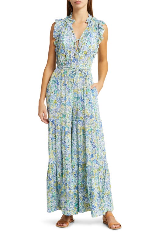 Belene Floral Tiered Ruffle Cover-Up Jumpsuit in White Blue Nature