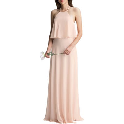 #levkoff Halter Overlay Chiffon Gown, Pink