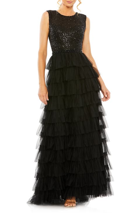 Sequin Tulle Ruffle Tiered Gown