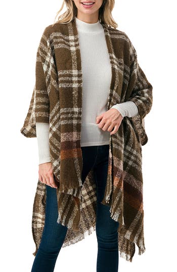Marcus Adler Fringe Plaid Ruana In Olive
