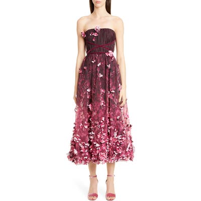 Marchesa Notte Strapless 3D Floral Organza Dress, Purple