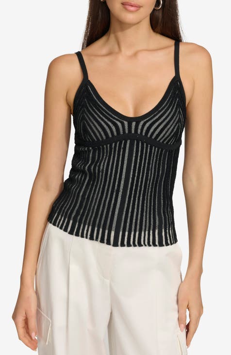 Women's White Silk Sleeveless Top, Navy Vertical Striped Tapered Pants, Black  Leather Heeled Sandals