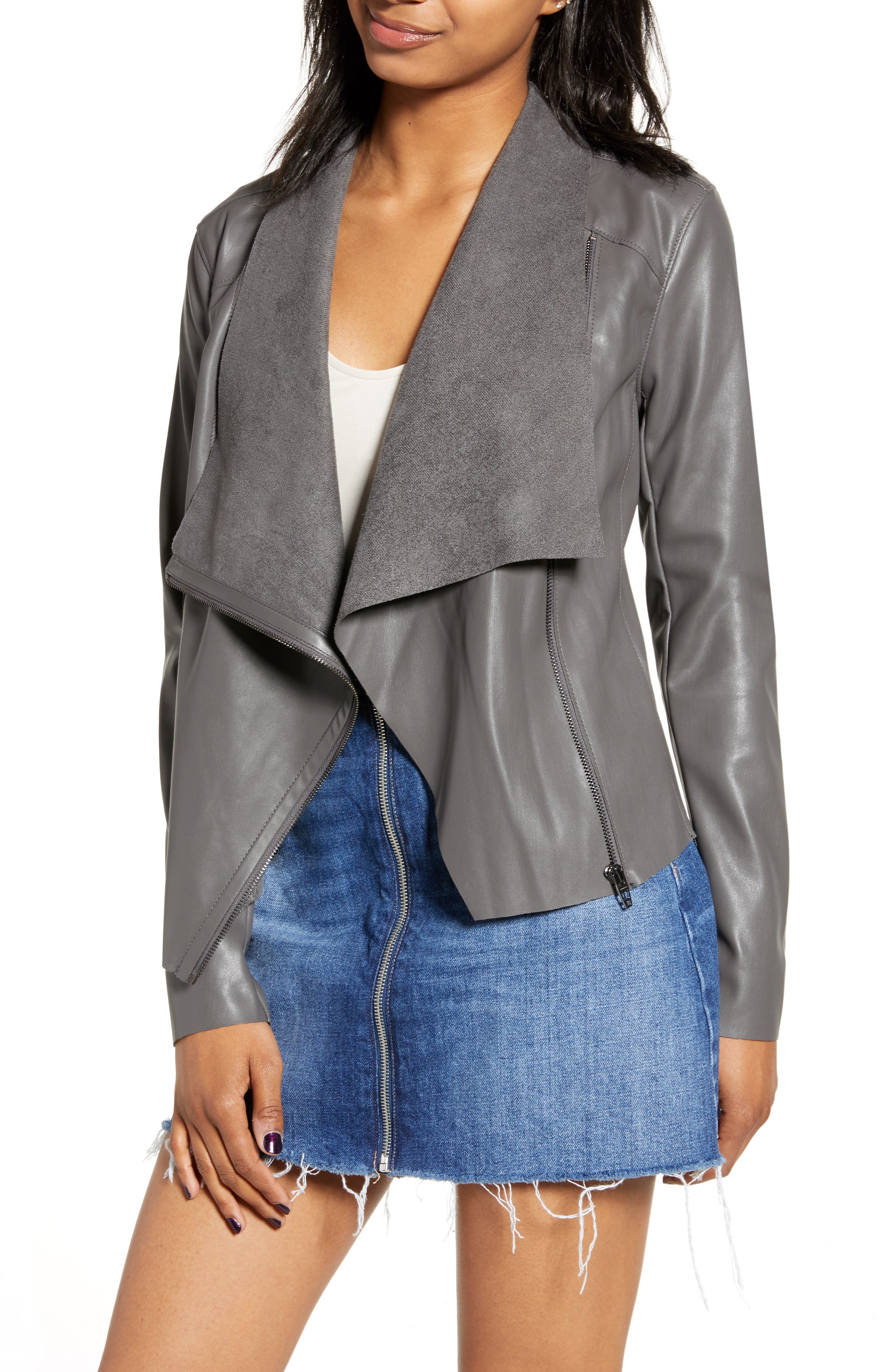 BLANKNYC Onto the Next Faux Leather Drape Front Jacket (Regular & Plus