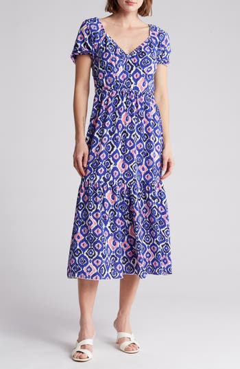 Shop Tash And Sophie Abstract Ikat Puff Sleeve Midi Dress In Blue Multi