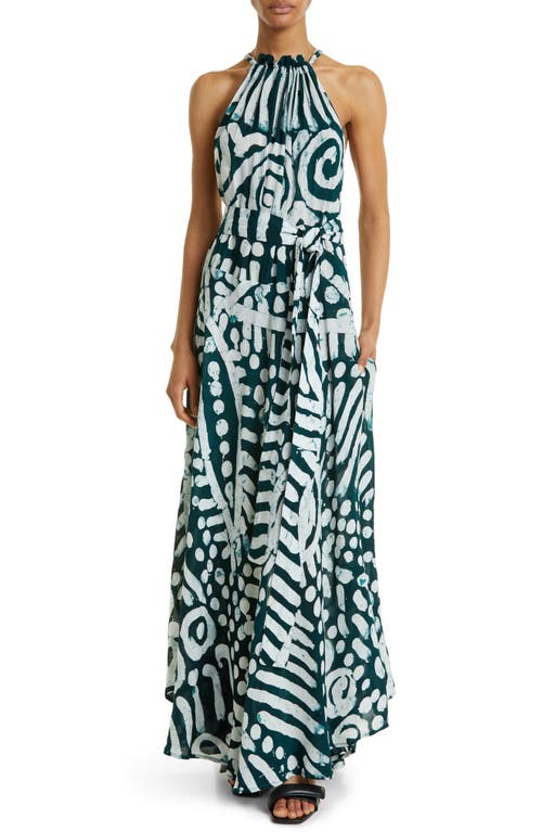 BUSAYO Ope Print Tie Waist Maxi Dress in Green And White