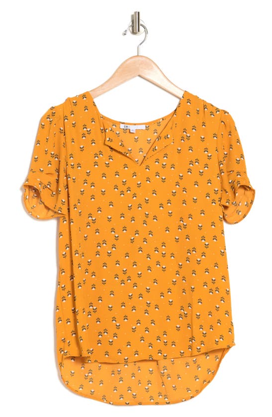Dr2 By Daniel Rainn Pleated Sleeve Split Neck Blouse In Gold Leaf