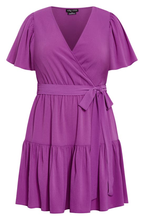 Shop City Chic Catherine Tiered Flutter Sleeve Faux Wrap Dress In Wisteria