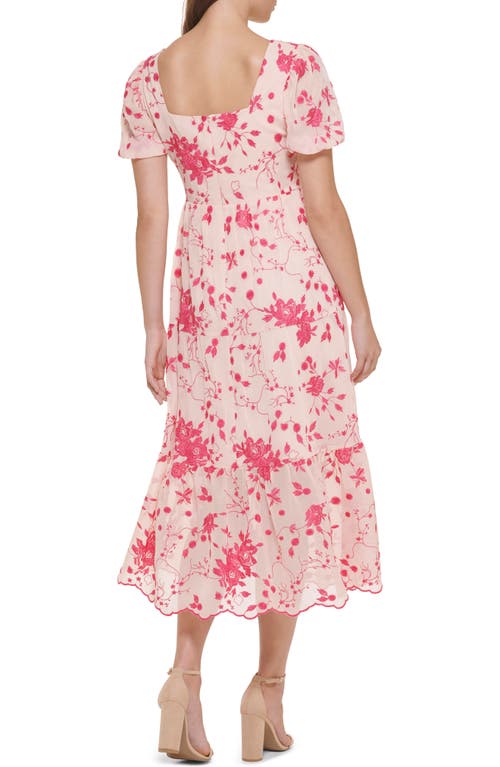 Shop Kensie Floral Embroidered Puff Sleeve Chiffon Midi Dress In Blush/rasberry