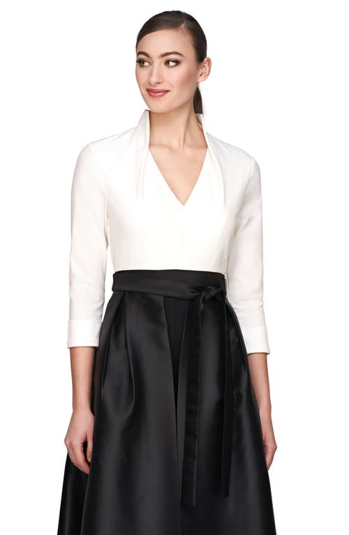 Kay Unger Sharon Tie Belt Three-quarter Sleeve Satin Maxi Jumpsuit In White Black