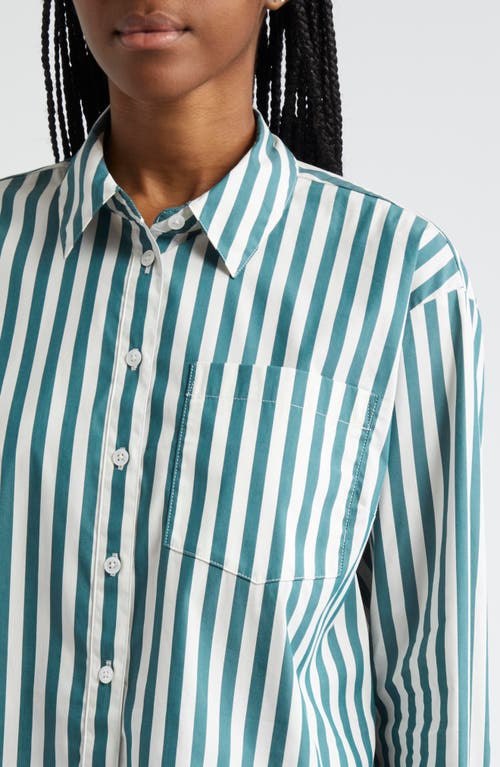 Shop Veronica Beard Maia Stripe Crop Button-up Shirt In Pine/white