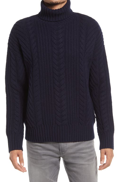 Nannos Cable Knit Virgin Wool Turtleneck Sweater in Dark Blue