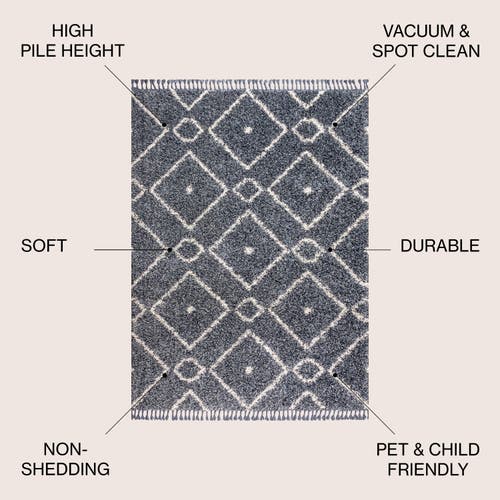Jonathan Y Mercer Shag Plush Tassel Moroccan Diamond Denim Area Rug In Denim Blue/cream