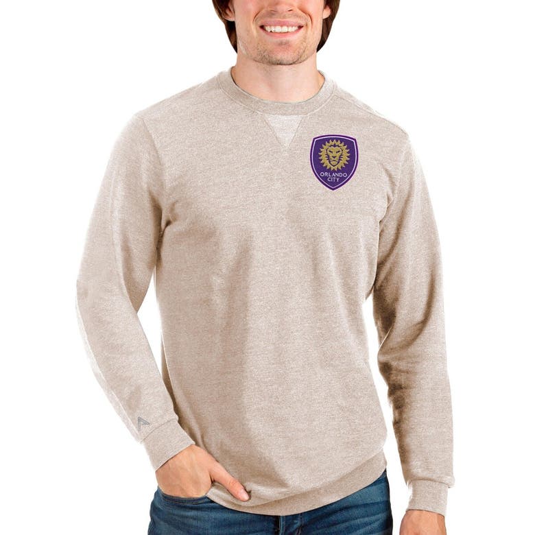 Antigua Oatmeal Orlando City Sc Reward Crewneck Pullover Sweatshirt In Neutral