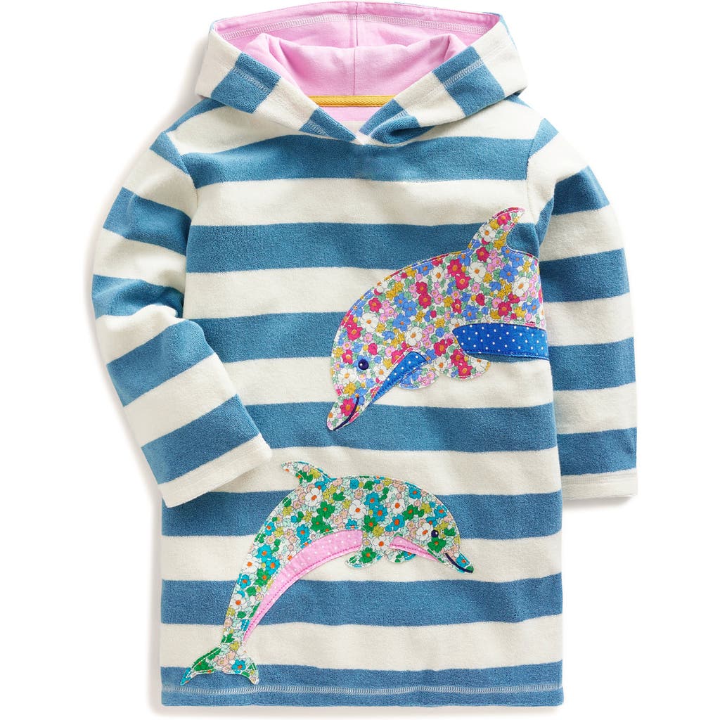 Mini Boden Kids' Appliqué Terry Cloth Hooded Cover-up In Aqua Blue/ivory Dolphin