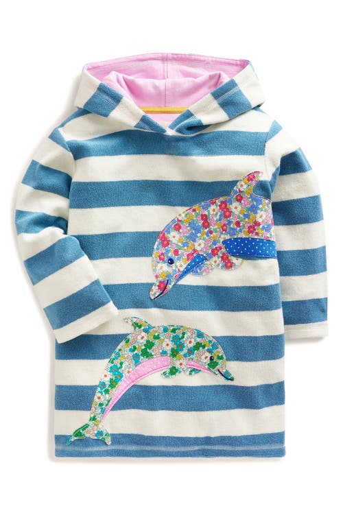 Mini Boden Kids' Appliqué Terry Cloth Hooded Cover-Up Aqua Blue/Ivory Dolphin at Nordstrom,
