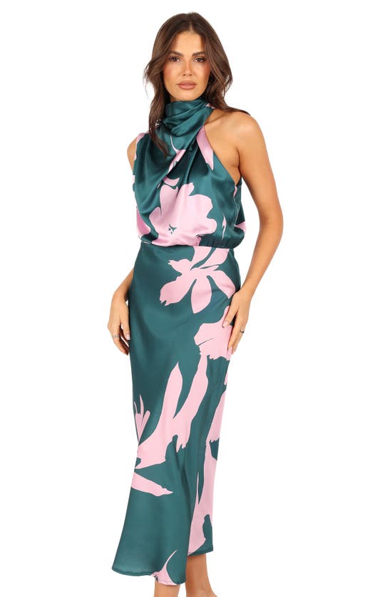 Shop Petal And Pup Petal & Pup Anabelle Mock Neck Satin Midi Dress In Green Pink