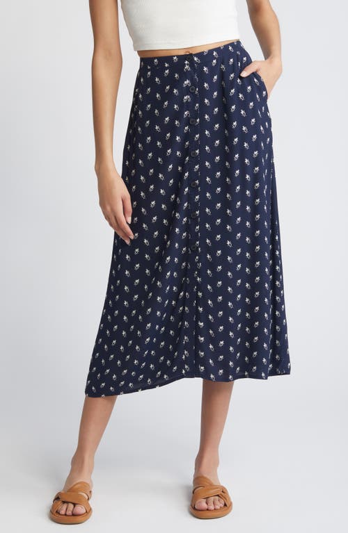 Treasure & Bond Print Button Front Skirt In Navy- Ivory Evelyn Floral