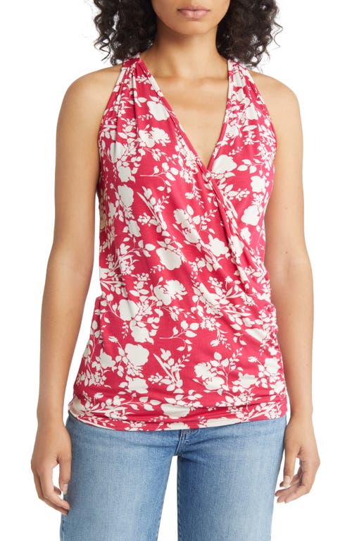 Loveappella Print Faux Wrap Tank In Magenta/ivory