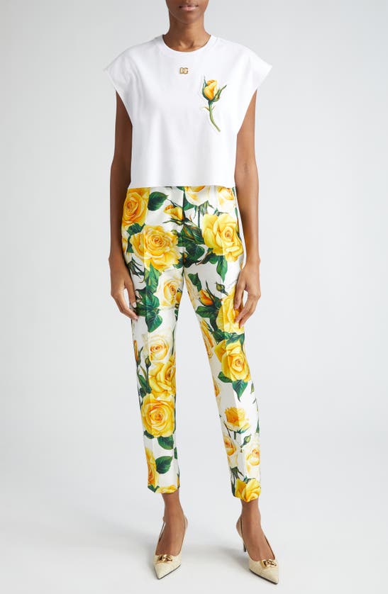 Shop Dolce & Gabbana Rose Print Ankle Trousers In Rose Gialle
