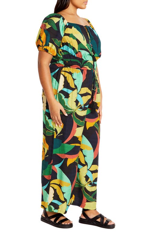 Shop City Chic Erica Palm Print Wide Leg Jumpsuit In Barbados