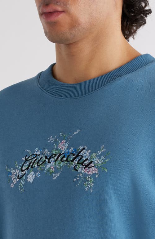 Shop Givenchy Boxy Fit Cotton Floral Logo Graphic Sweatshirt In Steel Blue