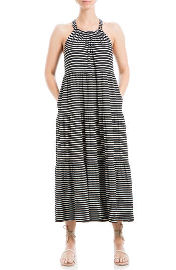 Max Studio Stripe Tiered Maxi Dress In Black/white Stripe