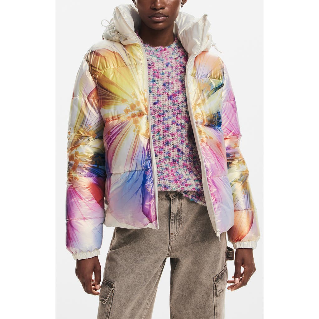 Desigual Quilted Floral Coat In Yellow