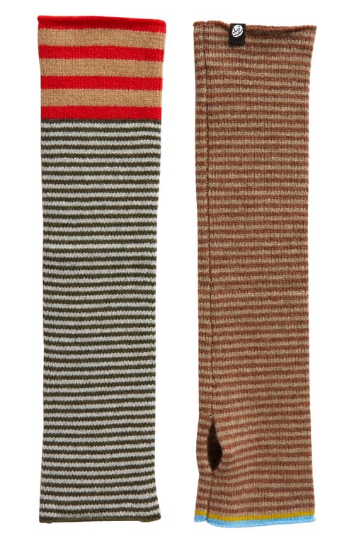Extralong Mismatched Stripe Wool Fingerless Gloves in Poppy/Camel