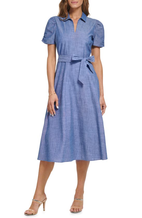 dkny ruched sleeve midi dress Dkny Ruched Sleeve Polo Collar Midi Dress In Dark Denim/ White