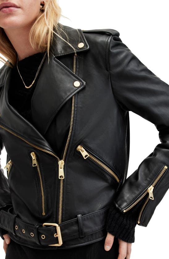 Shop Allsaints Balfern Belted Leather Biker Jacket In Black/ Gold