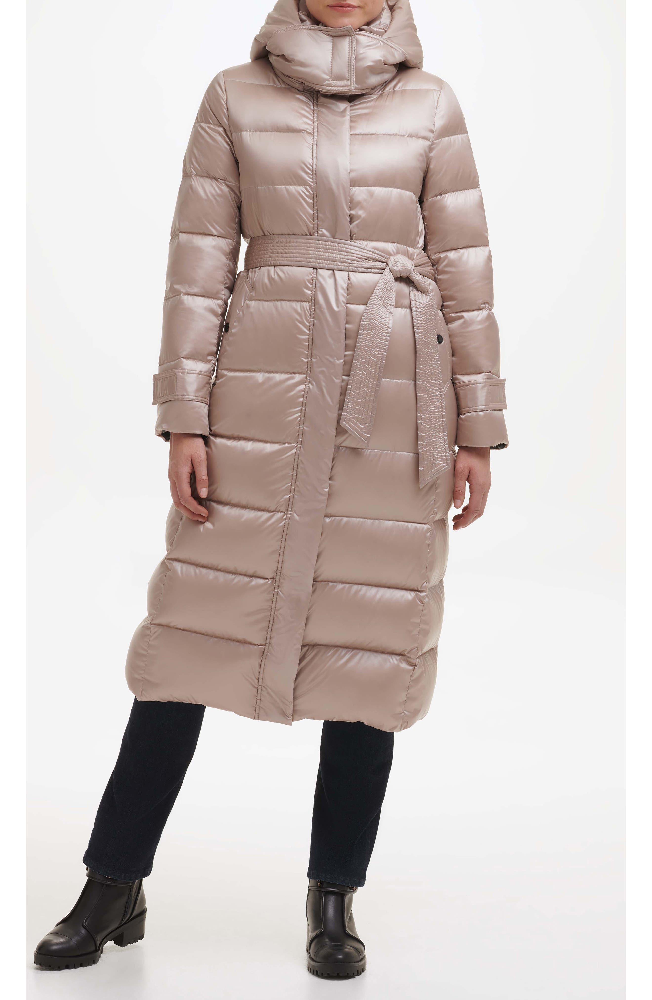 KARL LAGERFELD PARIS Contrast Belted Longline Puffer Jacket in Sand 