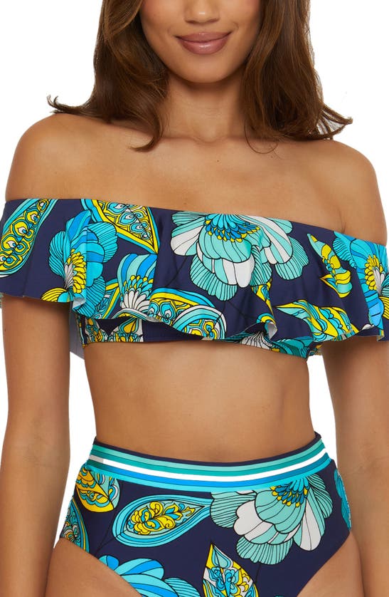 Shop Trina Turk Pirouette Ruffle Off The Shoulder Bikini Top In Blue Multi