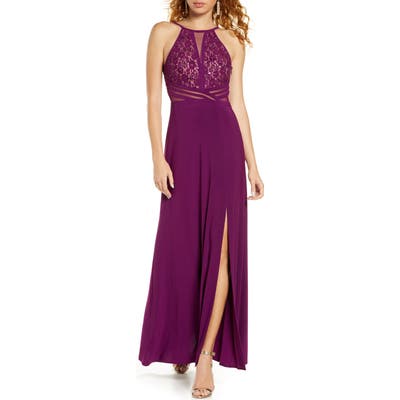 Morgan & Co. Lace & Illusion Mesh Bodice Gown, Burgundy