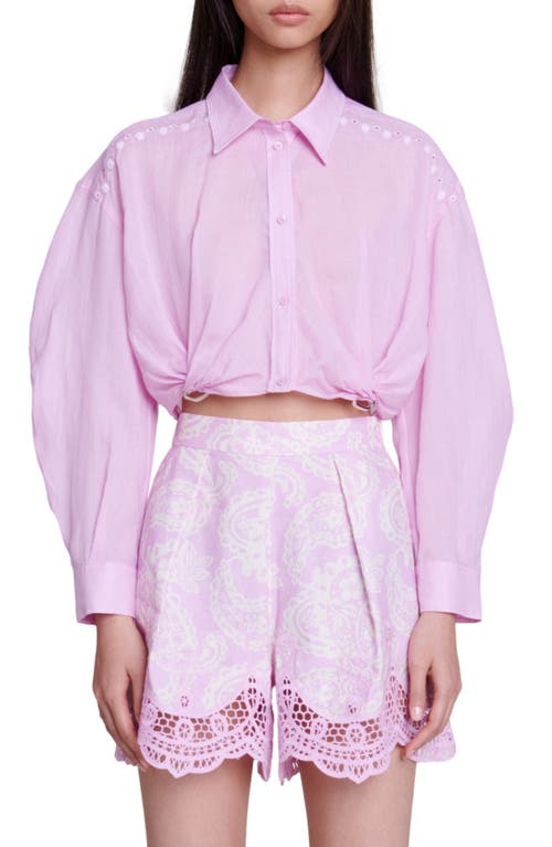 maje Camba Long Sleeve Crop Ramie Button-Up Shirt Pink at Nordstrom,