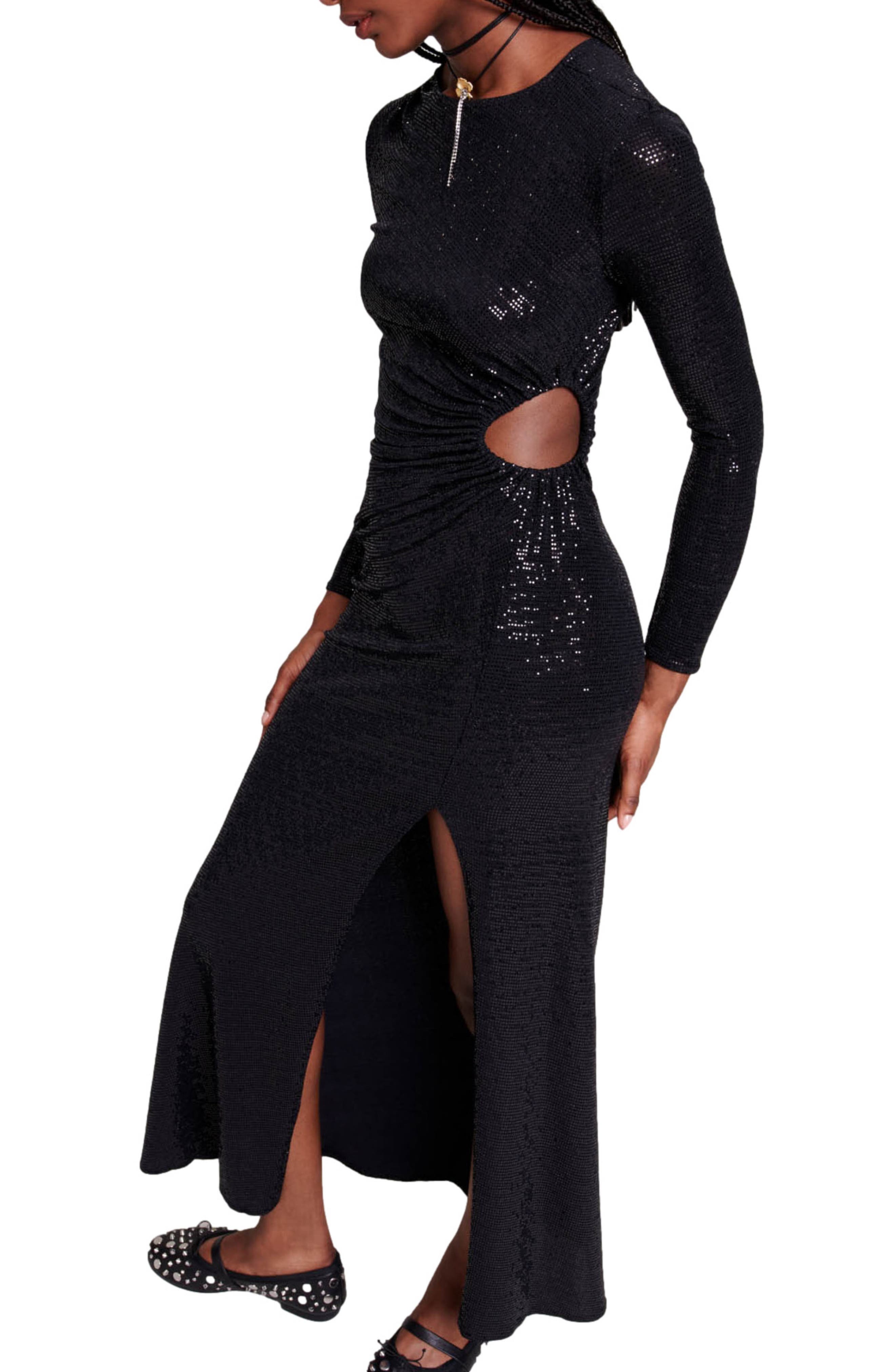 knee length dresses for ladies Maje Black Lace Long Sleeve Midi Dress with Black Slip - BOPF main image 0