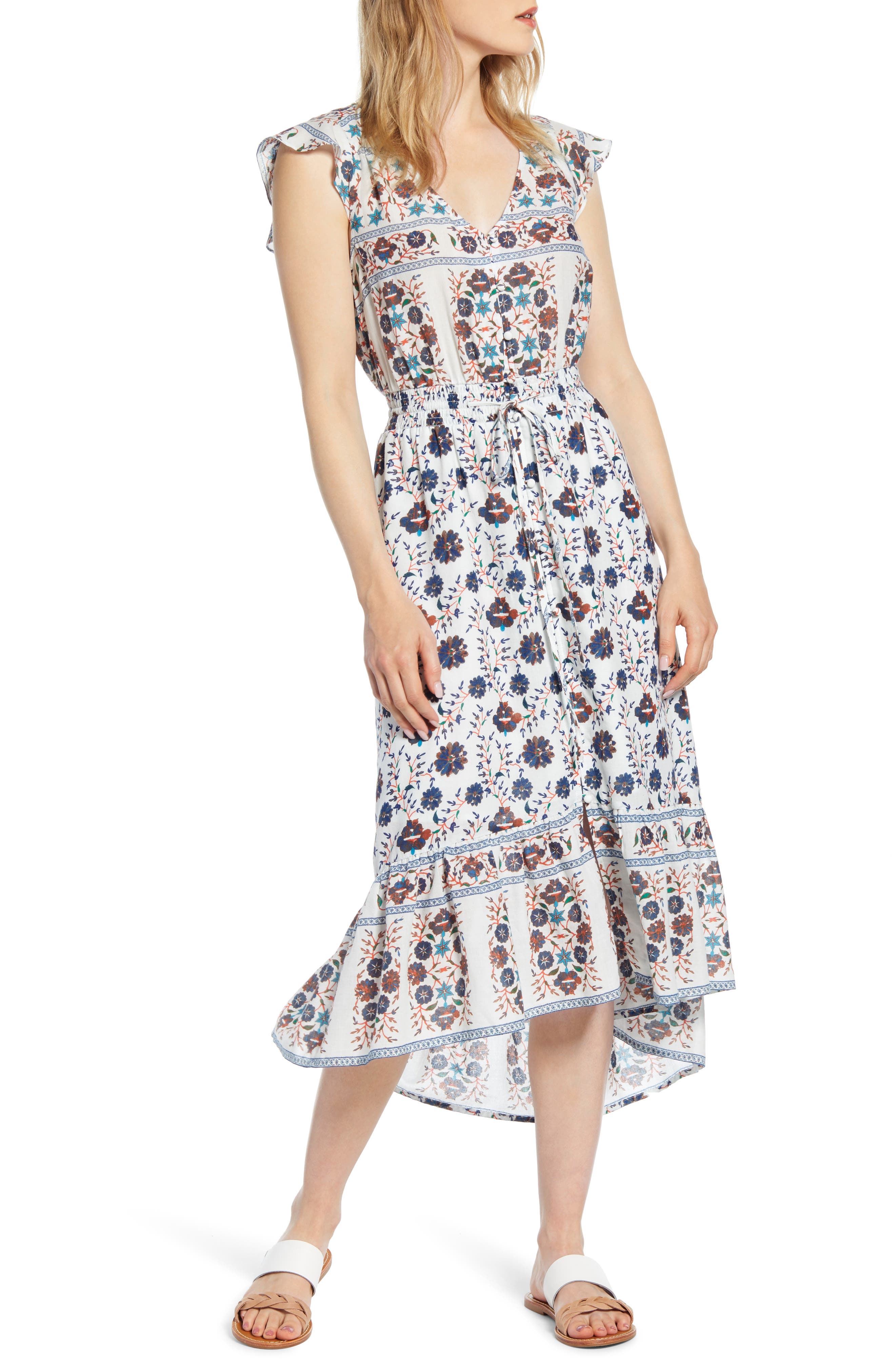Lucky Brand Felice Floral Pattern Cotton Midi Dress, Ivory