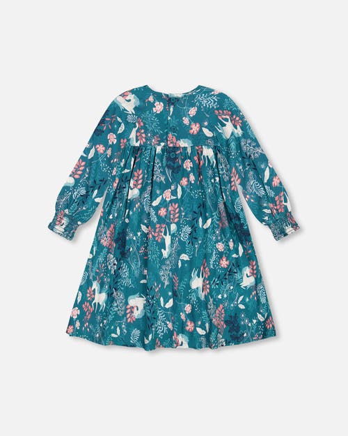 Shop Deux Par Deux Little Girl's Puffy Long Sleeve Viscose Dress Turquoise Printed Fairy Unicorn In Unicorn In The Fields