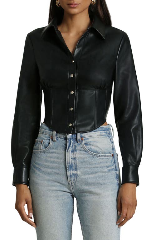 Avec Les Filles Faux-Ever Leather Long Sleeve Cropped Corset Shirt in Black at Nordstrom, Size X-Small