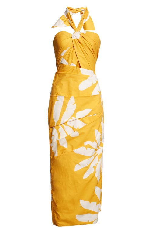 Shop Johanna Ortiz Language Palm Print Halter Midi Dress In Wilderness Yellow-ecru