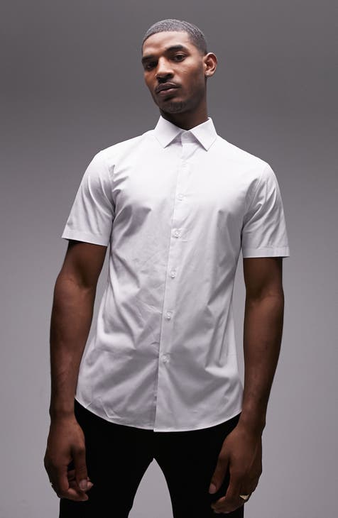 Slim Fit Short Sleeve Stretch Cotton Button-Up Shirt