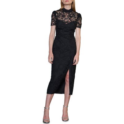 Ml Monique Lhuillier Floral Lace Midi Cocktail Dress, Black