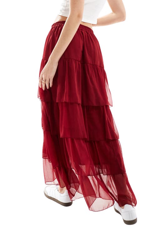 Shop Miss Selfridge Tiered Chiffon Maxi Skirt In Burgundy