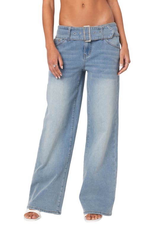 Shop Edikted Belted Relaxed Wide Leg Jeans In Blue-washed