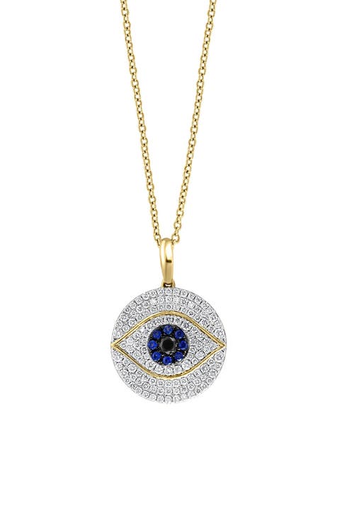 14K Yellow Gold Diamond & Sapphire Evil Eye Pendant Necklace