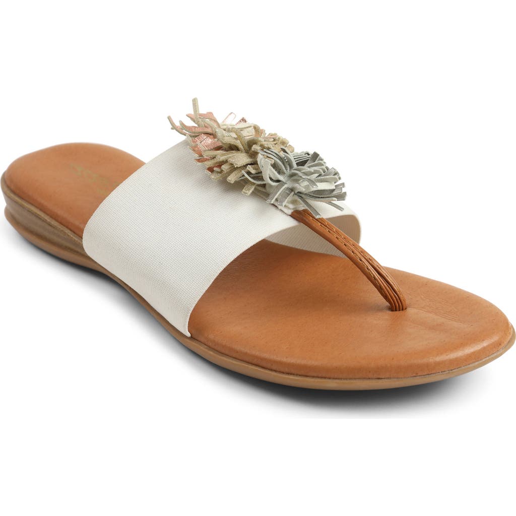 Andre Assous Novalee Womens Metallic Fringe Pom Thong Sandals In White/metal