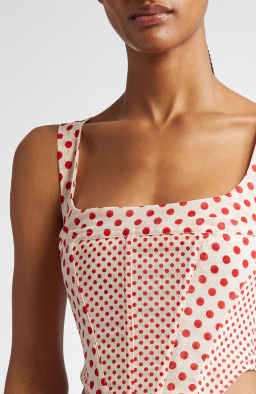 Shop Miaou Campbell Polka Dot Powermesh Corset Top In Off White/red Polka Dot