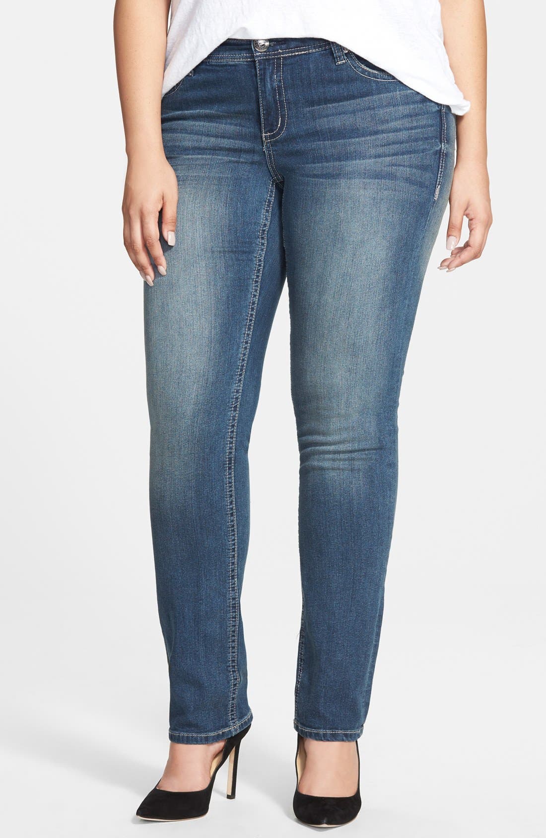 Seven7 Embellished Pocket Straight Leg Jeans (Levitt Blue) (Plus Size