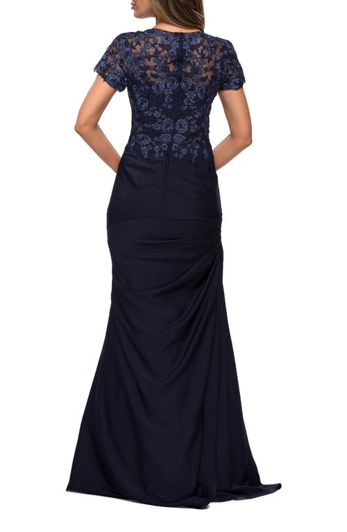 La Femme Satin Evening Dress With Lace And Scoop Neckline In Navy
